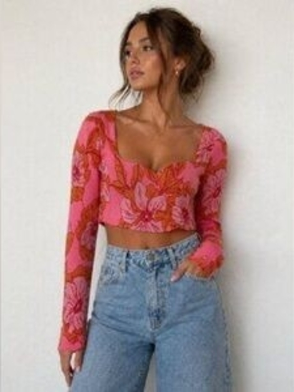 Zara Pink and Orange Floral Sweetheart Crop Top
